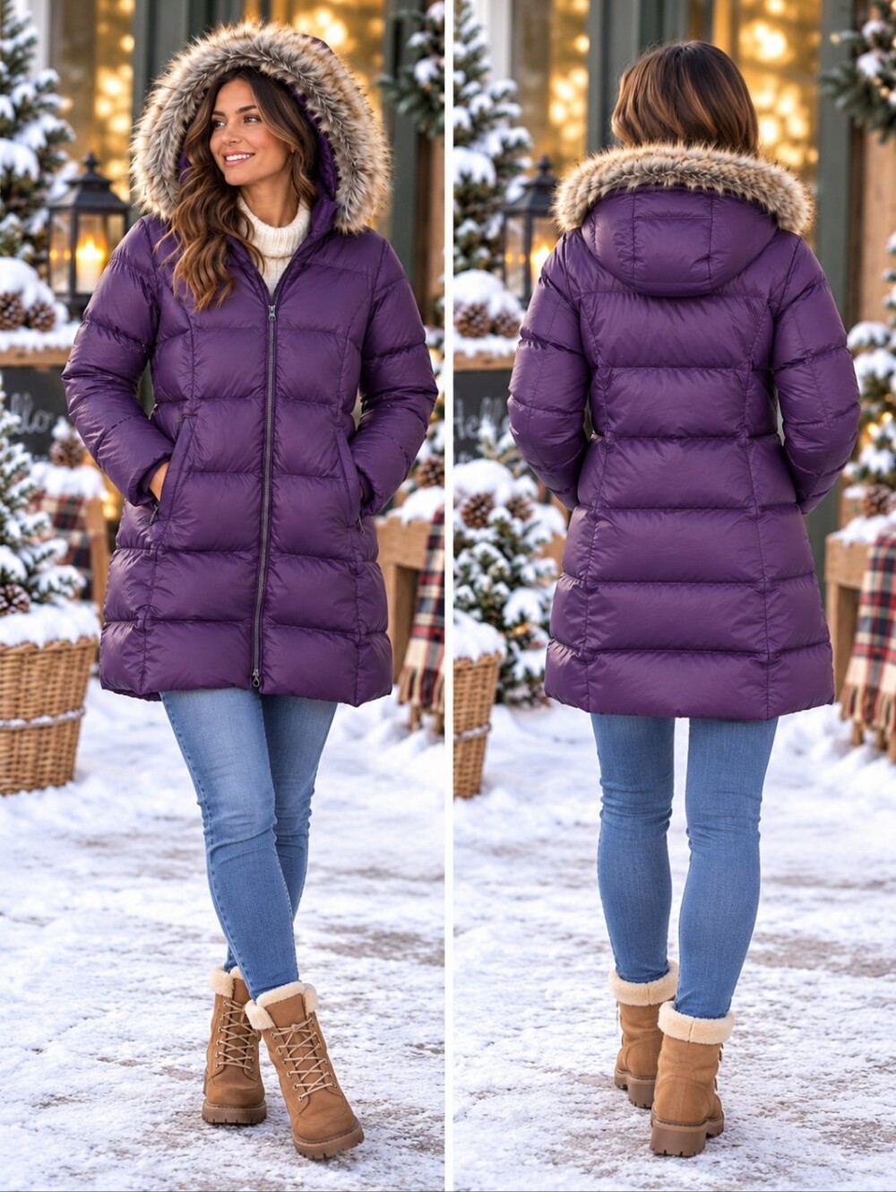 Eddie Bauer NWOT Down Parka Purple Long Quilted Puffer Coat Removable Hood